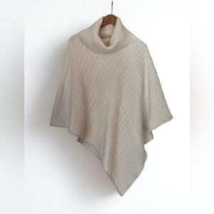 Ply Cashmere Cream Cable Knit Poncho - Turtleneck Sweater - One Size Fits Most